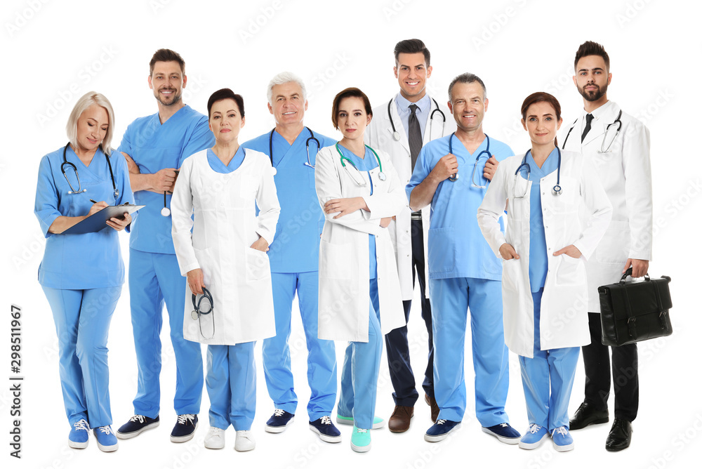 Group of people in uniforms on white background. Medical staff Group of people in uniforms on white background. Medical staff