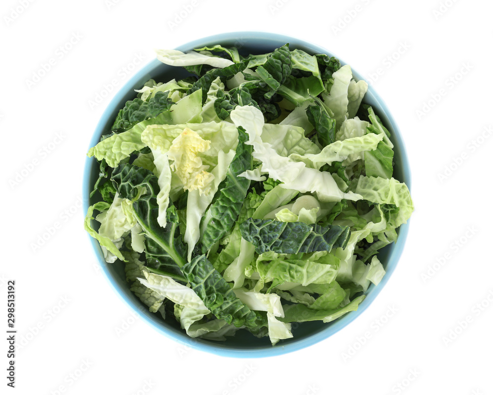 Chopped fresh green savoy cabbage in bowl on white background, top view Chopped fresh green savoy cabbage in bowl on white background, top view