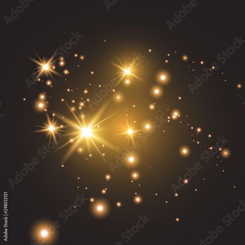 golden fire on a transparent background, golden dusty stars. Glitter vintage foundation lights. dark gold and black.