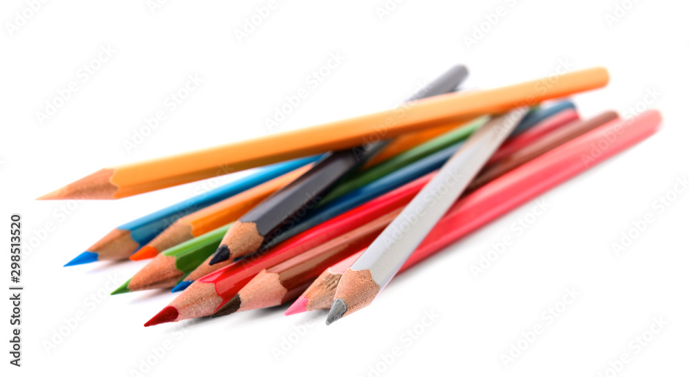 Different color pencils on white background. School stationery Different color pencils on white background. School stationery