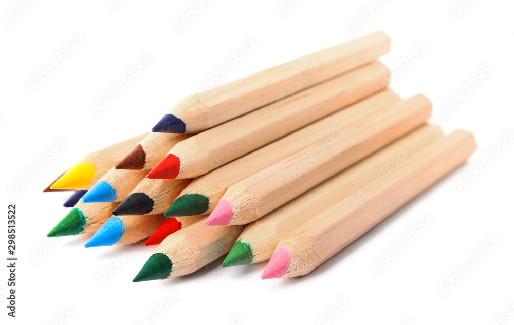 Different color pencils on white background. School stationery Different color pencils on white background. School stationery