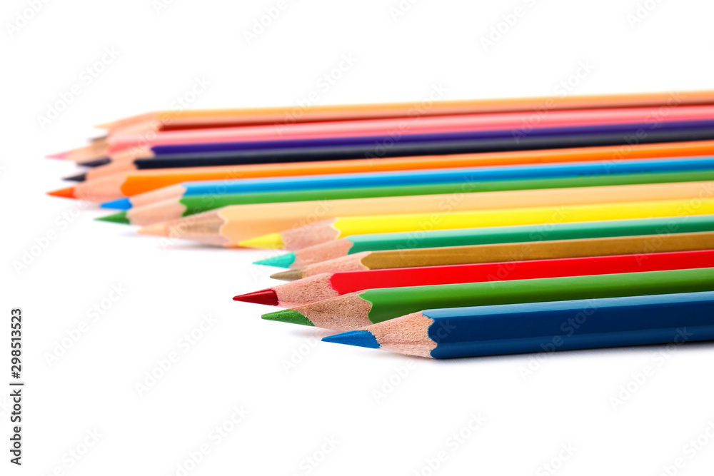 Different color pencils on white background. School stationery Different color pencils on white background. School stationery