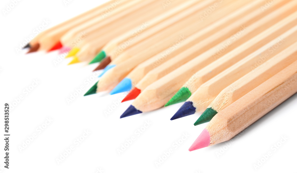 Different color pencils on white background. School stationery Different color pencils on white background. School stationery