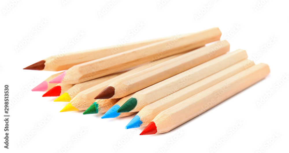 Different color pencils on white background. School stationery Different color pencils on white background. School stationery