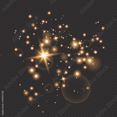 golden fire on a transparent background  golden dusty stars. Glitter vintage foundation lights. dark gold and black.