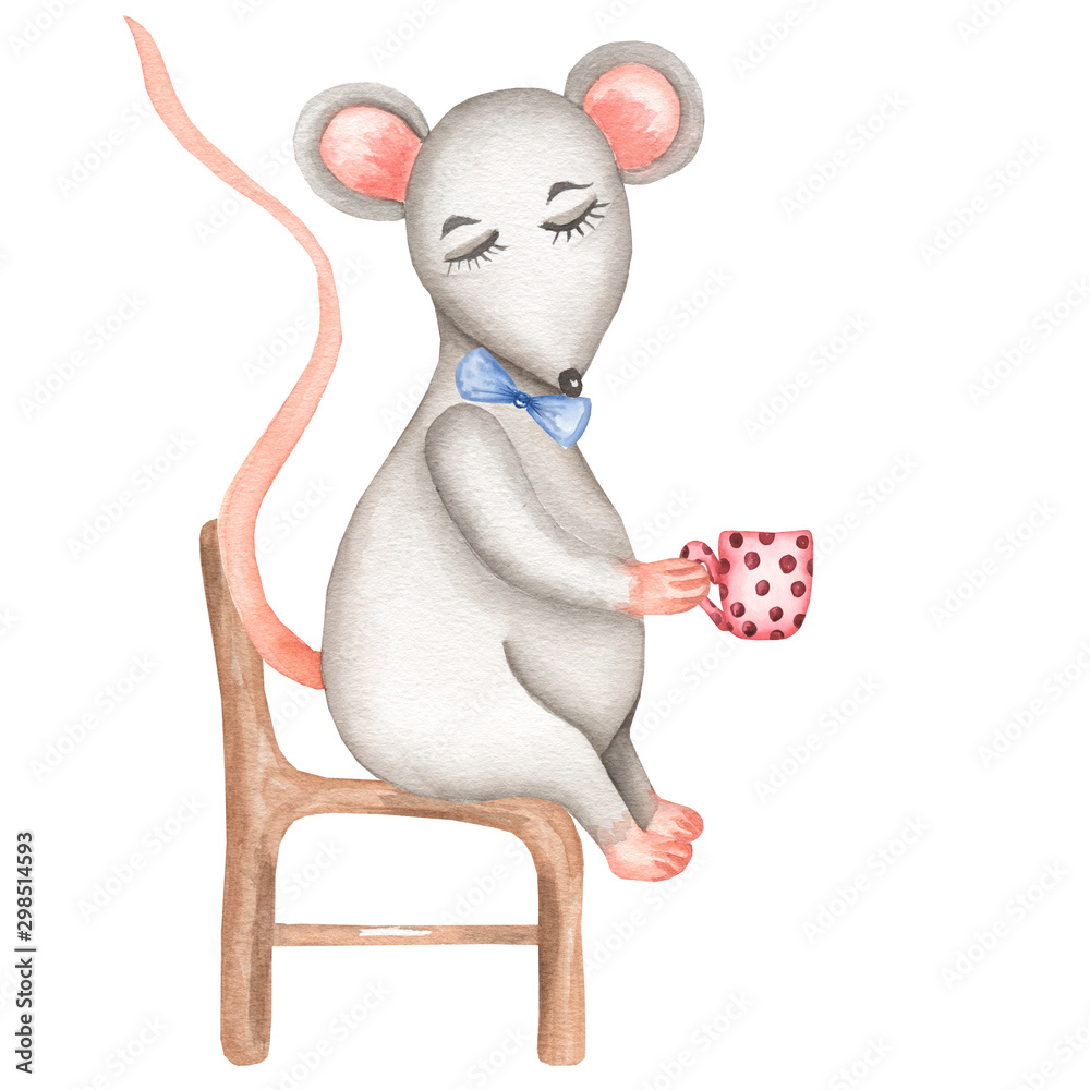 Little Grey Mouse sitting on the chair with cup. Cute cartoon Christmas  animal rat or mouse. Watercolor illustration. Christmas and New Year card.  Stock Illustration | Adobe Stock