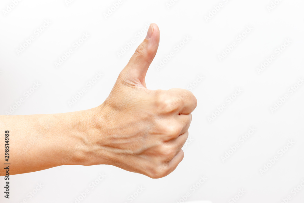Human hand showing thumb up sign that means Great, white background, copy space Human hand showing thumb up sign that means Great, white background, copy space