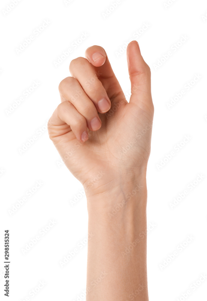 Woman holding something on white background, closeup of hand Woman holding something on white background, closeup of hand