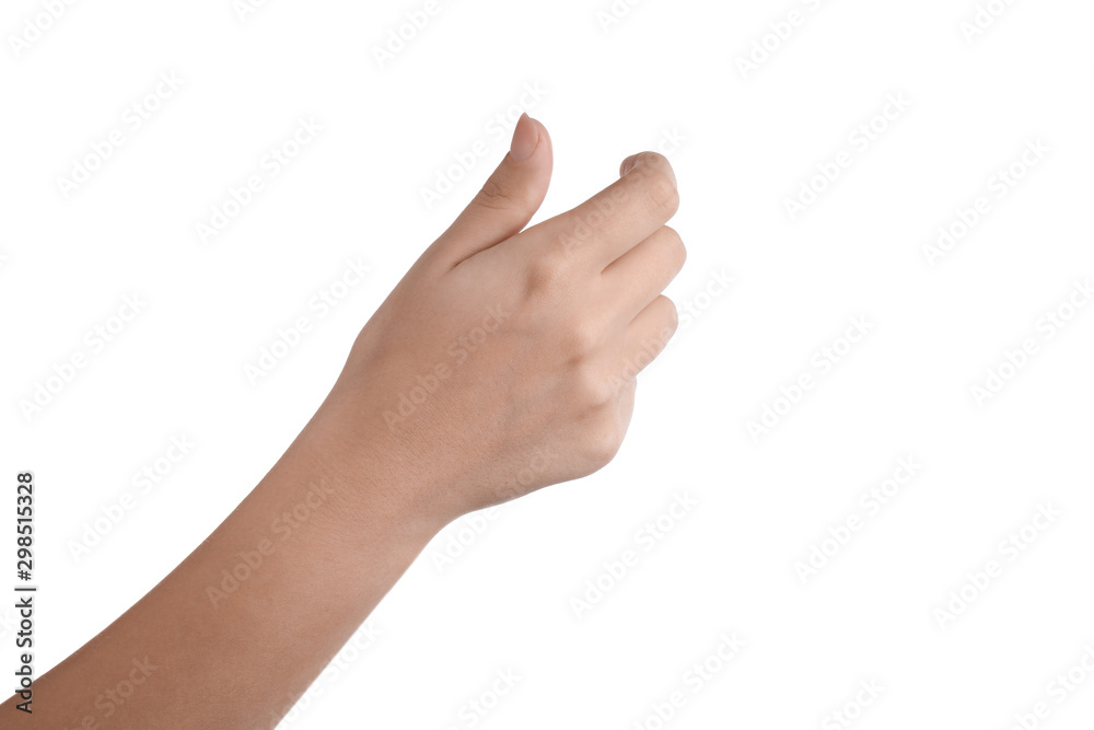 Woman holding something on white background, closeup of hand Woman holding something on white background, closeup of hand