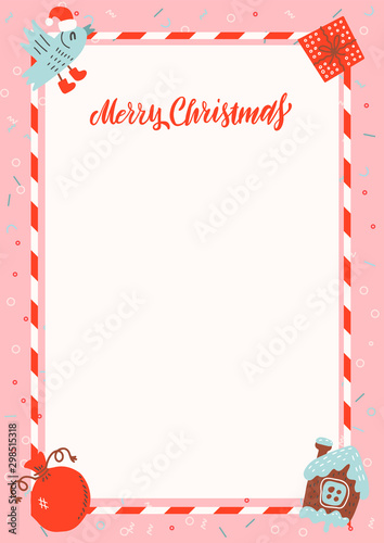 Merry Christmas frame with gingerbread house and xmas gifts on pink background with free space for text. Christmas letter to Santa Claus template. Layout in A4 size.