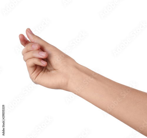 Woman holding something on white background, closeup of hand