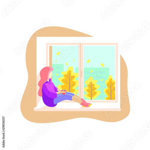 A young girl sits on a windowsill with a cup of hot coffee or tea and looks out the window. Autumn mood. Outside the window, yellow autumn leaves fly. Vector illustration in flat style.