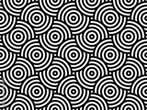 Black and white intersecting repeating circles pattern. Japanese style circles seamless background. Modern spiral abstract geometric wavy pattern tiles. Endless repeated texture. Vector illustration.