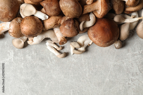 Heap of fresh wild mushrooms on light grey table, top view. Space for text