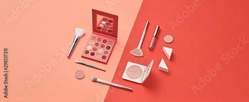 Obraz Cosmetic makeup accessories layout. Fashion creative minimal Set. Trendy Design Clutch, lipstick brushes. Art Concept colorful pastel Style. Beauty cosmetic make up tools, fashionable flat lay