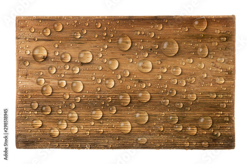 Classic wooden frame in drops of rainwater isolated on a white background.
