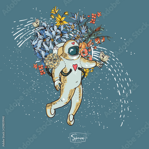 Vintage vector astronaut illustration with flowers. Science fiction, Hand drawn space,