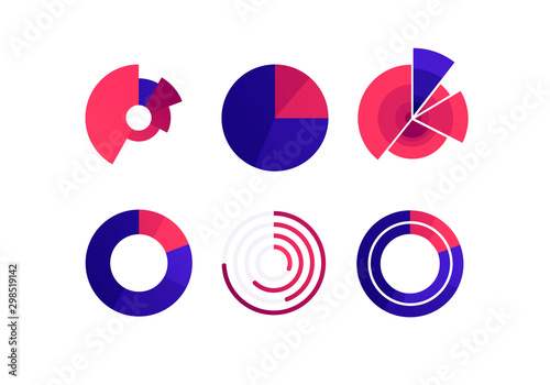 Vector color flat chart diagram icon illustration set. Red and blue diagram collection of pie, donut, radial bar and polar area infographic element. Design for finance, statistics, analitics, science.