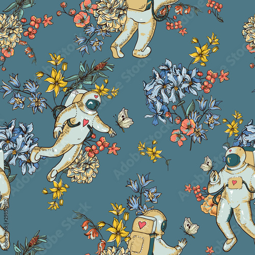 Vintage vector astronaut seamless pattern with flowers. Science fiction background, Hand drawn floral space,