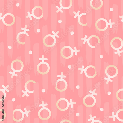 Vector flat woman symbol seamless pattern template illustration. White female sign isolated on pink background. Concept of feminism, friendship. Design backdrop tile paper, texture, print, textile.
