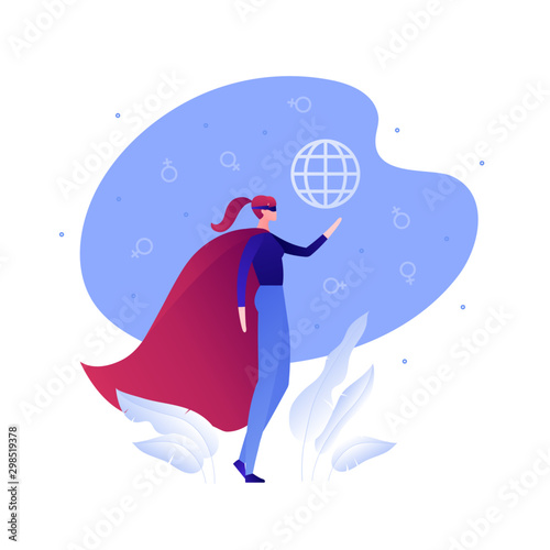 Vector flat woman empowerment illustration. Superhero women in cap with global world sign on sky background. Concept of feminism, superwoman. Design element for banner, poster, web, infographics.