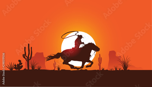Fototapeta grafika wektorowa kowboja na koniu galopującego przez pustynię o zachodzie słońca