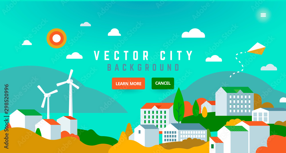 City landscape with buildings, hills, trees - abstract horizontal banner.