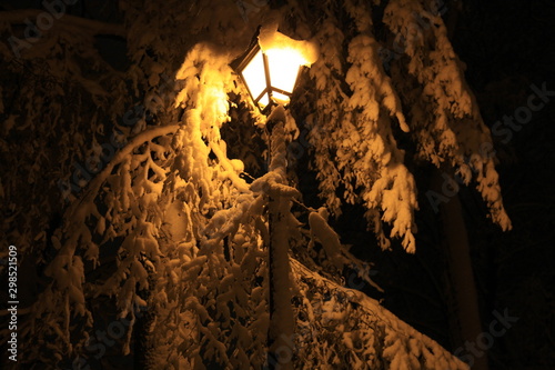 Merry Christmas and Happy New Year. City lantern covered with snow. Winter park in the central part of the town under the night illumination photo