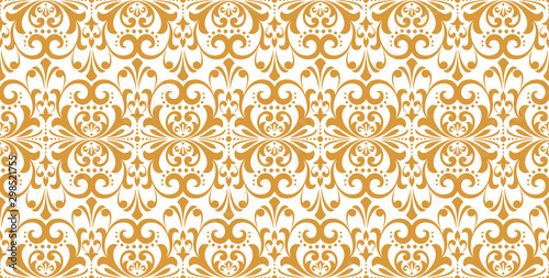 Wallpaper in the style of Baroque. Seamless vector background. White and gold floral ornament. Graphic pattern for fabric, wallpaper, packaging. Ornate Damask flower ornament