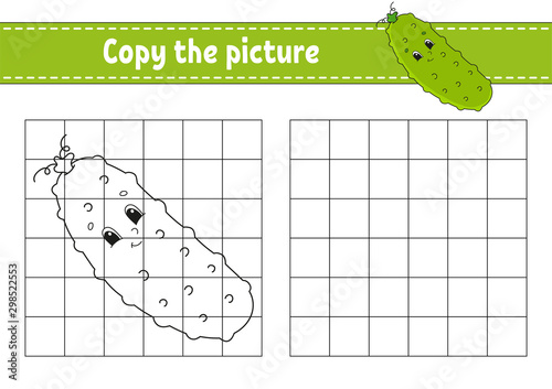 Copy the picture. Coloring book pages for kids. Education developing worksheet. Game for children. Handwriting practice. Funny character. Cute cartoon vector illustration.