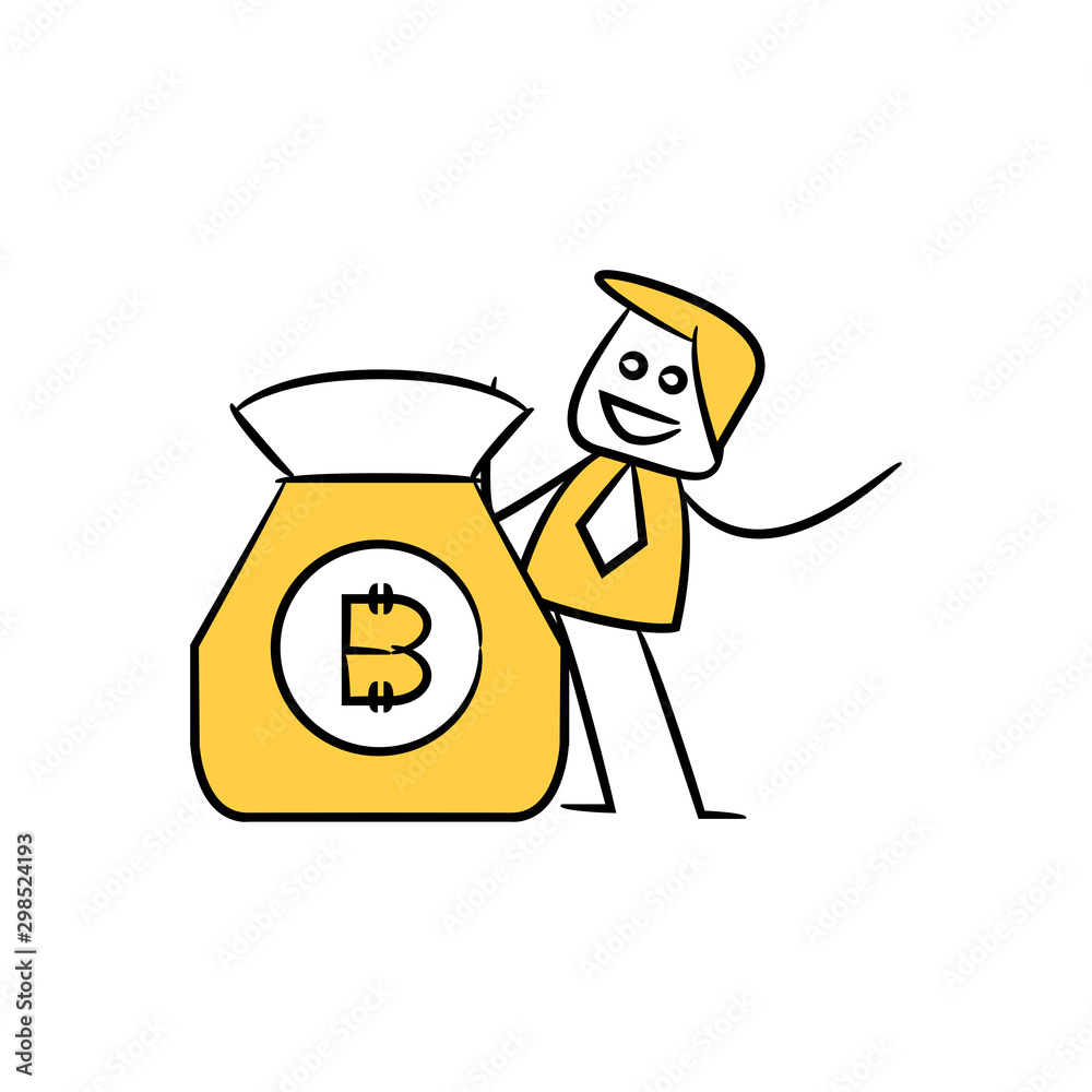 businessman and sack of bitcoin crypto currency concept yellow icons