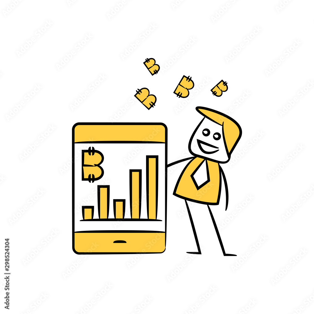 businessman and smart phone bitcoin cryptocurrency concept yellow doodle hand drawn