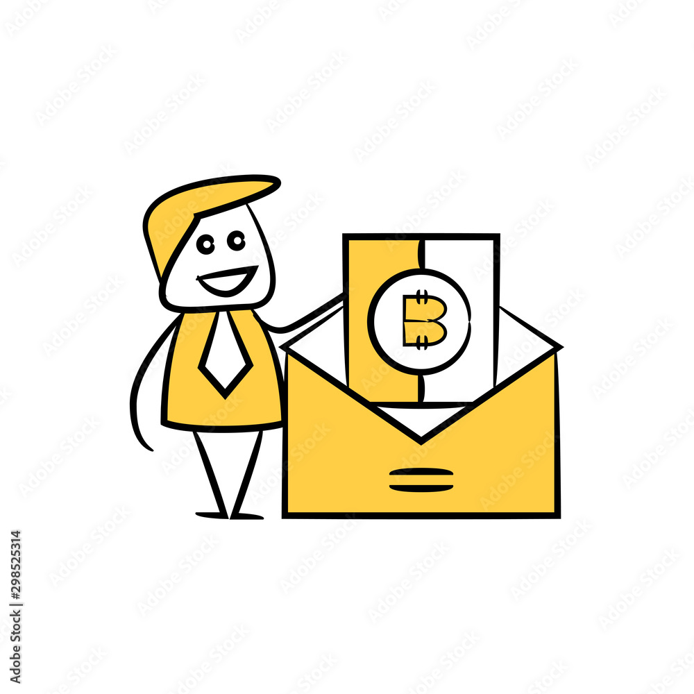 businessman and bitcoin salary cryptocurrency concept yellow doodle hand drawn