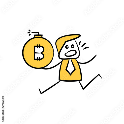 businessman holding bitcoin bomb for financial crisis concept yellow doodle stick figure design