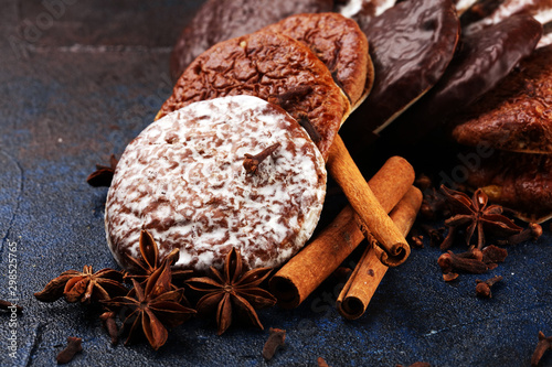 Typical German Gingerbreads such as Lebkuchen and Aachener Printen on rustic