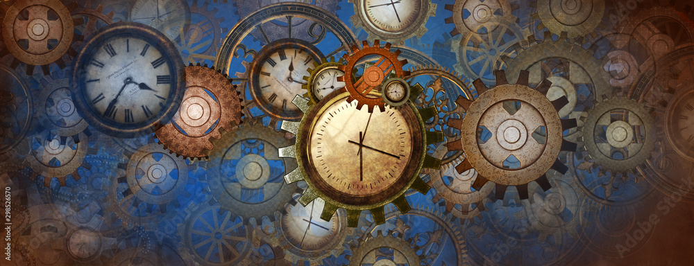 Industrial and steampunk style background with clocks and wheels