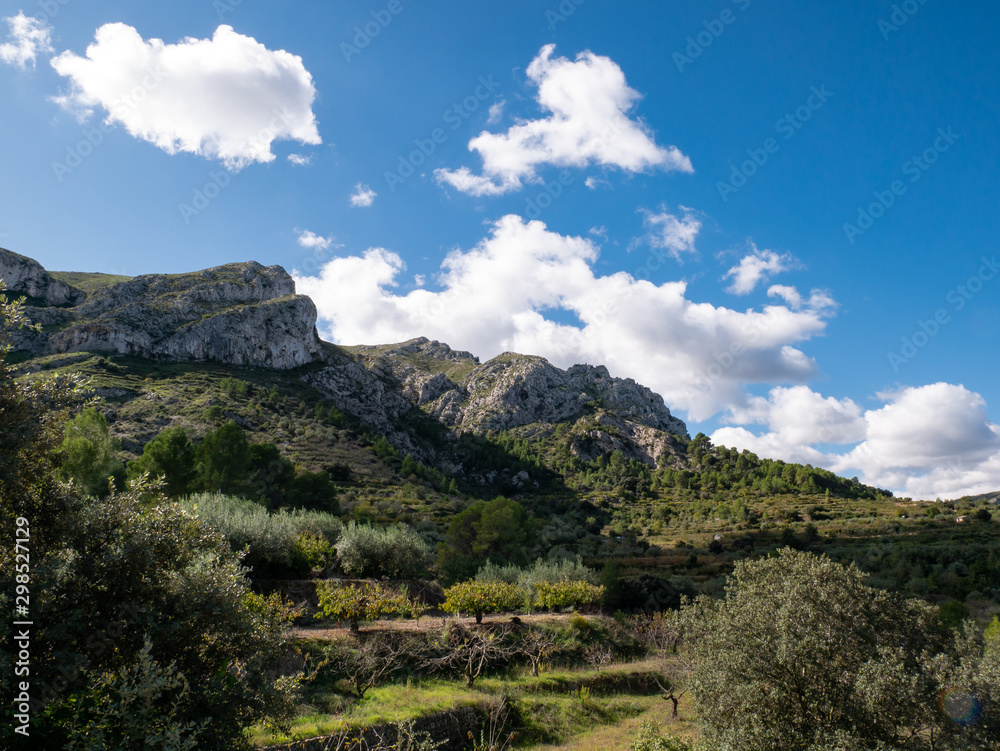 olive trees and cherry trees in the mountains with cottony clouds in the vall de la gallinera