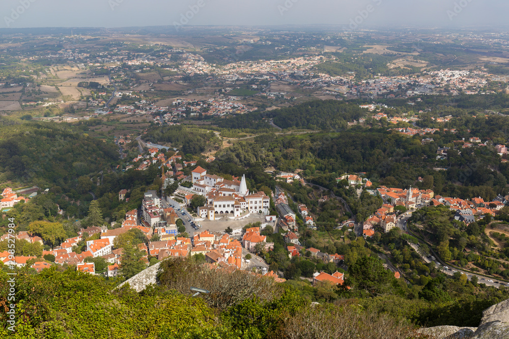 View of Sintra's historical old town and beyond from above in Portugal.