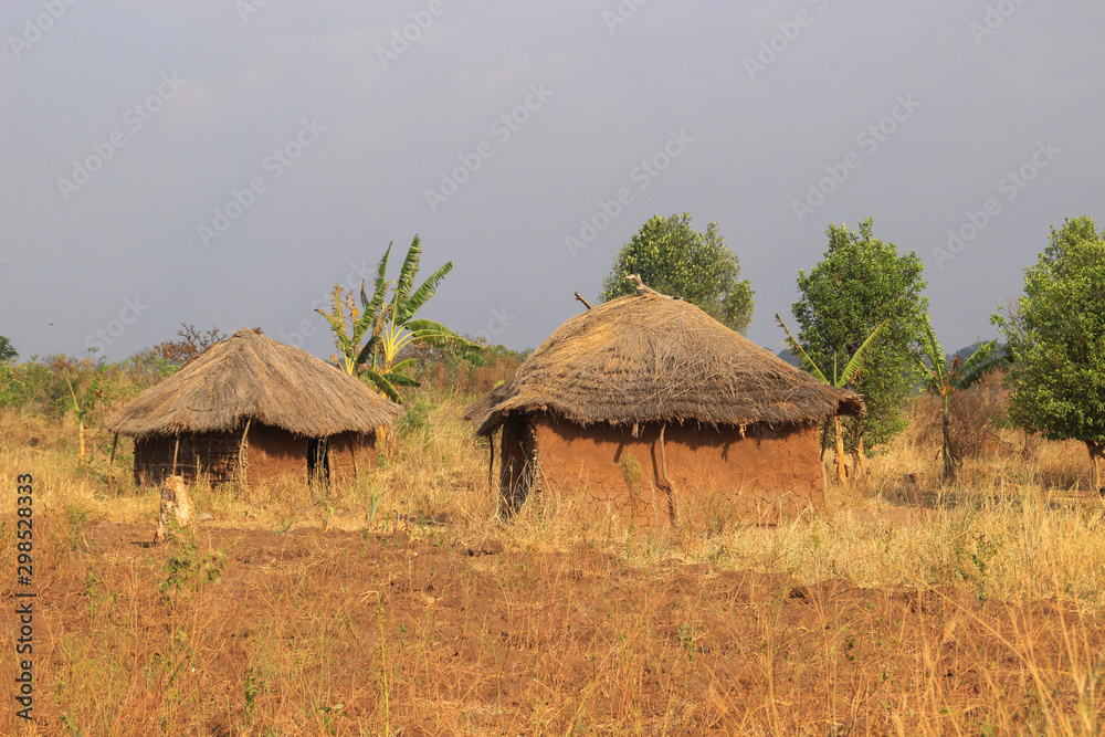 A traditional poor African village in Uganda made of earthenware round huts and thatched roofs. A traditional poor African village in Uganda made of earthenware round huts and thatched roofs.