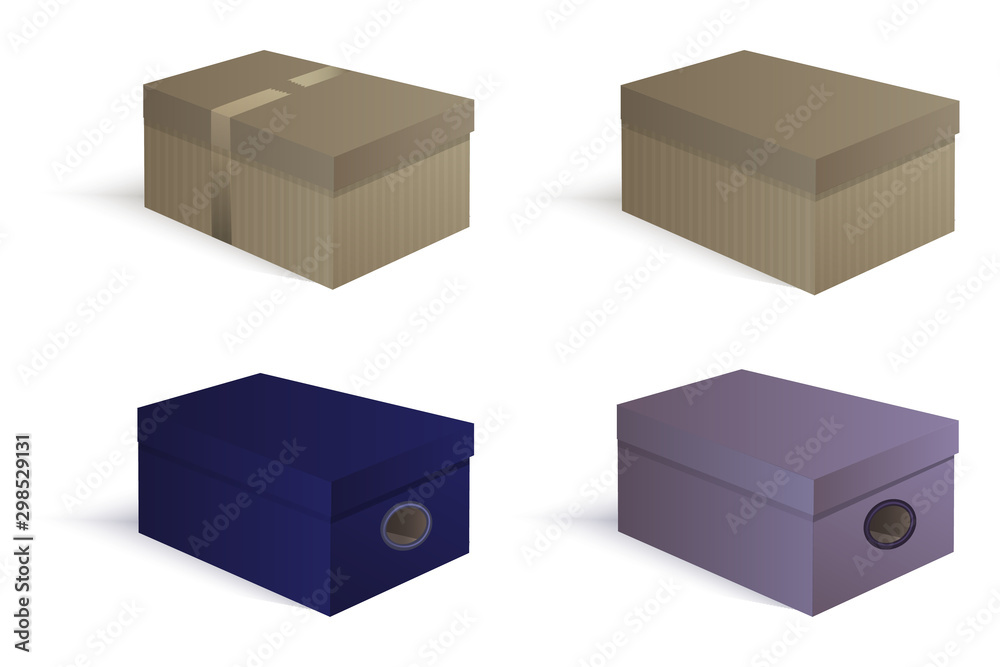 Obraz premium Set of cardboard boxes for shoes and for gifts. With closed lids and ventilation holes. Isolated on white background. Vector illustration.
