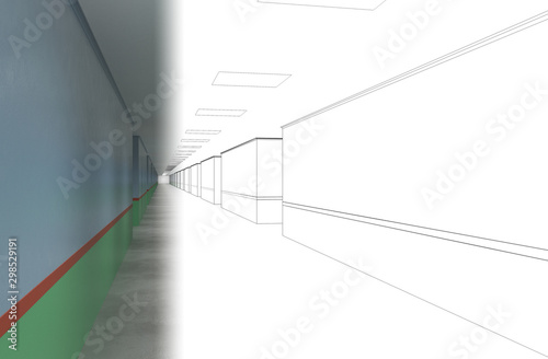 long corridor with doors, interior visualization, 3D illustration