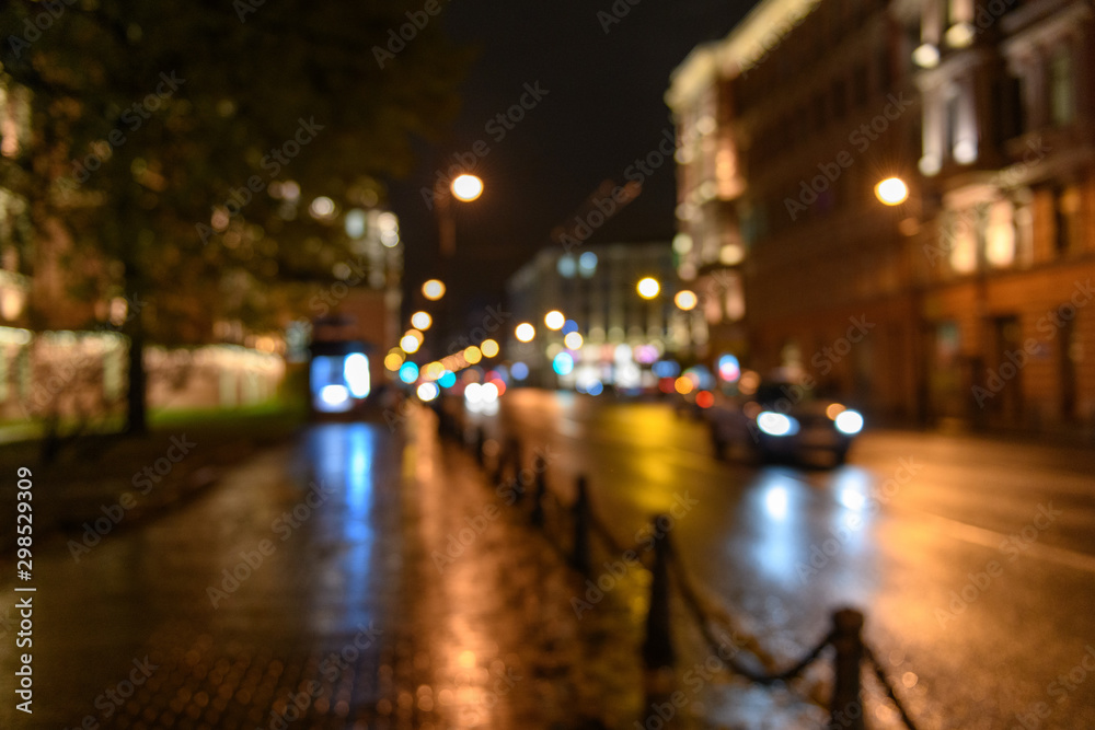 View of traffic in city street, night scape, blured bokeh background