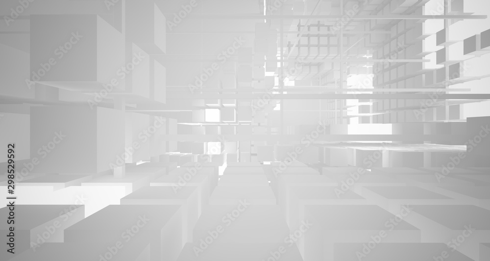 Abstract white architectural interior from an array of white cubes with neon lighting. 3D illustration and rendering. Abstract white architectural interior from an array of white cubes with neon lighting. 3D illustration and rendering.