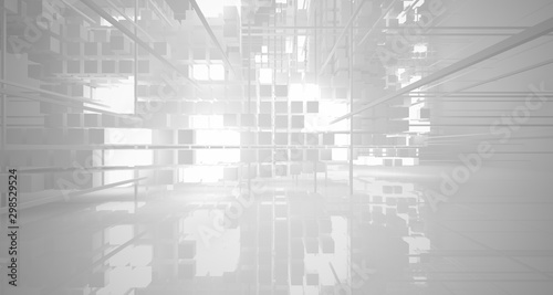 Abstract white architectural interior from an array of white cubes with neon lighting. 3D illustration and rendering.