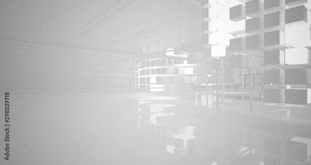 Abstract white architectural interior from an array of white cubes with neon lighting. 3D illustration and rendering. Abstract white architectural interior from an array of white cubes with neon lighting. 3D illustration and rendering.