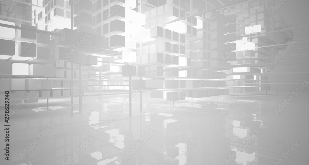 Abstract white architectural interior from an array of white cubes with neon lighting. 3D illustration and rendering. Abstract white architectural interior from an array of white cubes with neon lighting. 3D illustration and rendering.