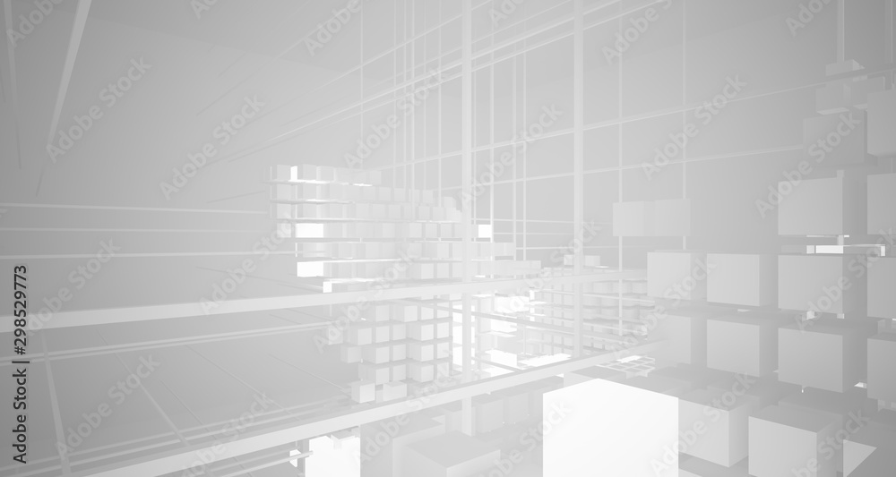 Abstract white architectural interior from an array of white cubes with neon lighting. 3D illustration and rendering. Abstract white architectural interior from an array of white cubes with neon lighting. 3D illustration and rendering.