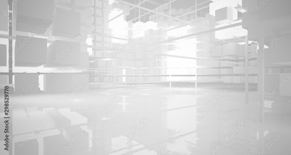Abstract white architectural interior from an array of white cubes with neon lighting. 3D illustration and rendering. Abstract white architectural interior from an array of white cubes with neon lighting. 3D illustration and rendering.