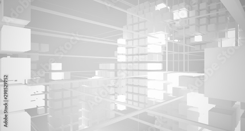 Abstract white architectural interior from an array of white cubes with neon lighting. 3D illustration and rendering.