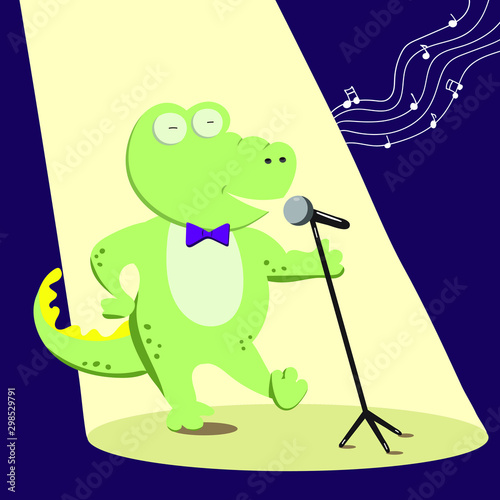 Cute green crocodile  is singing on a stage in the spotlight. Flat illustration with character on purple blackground